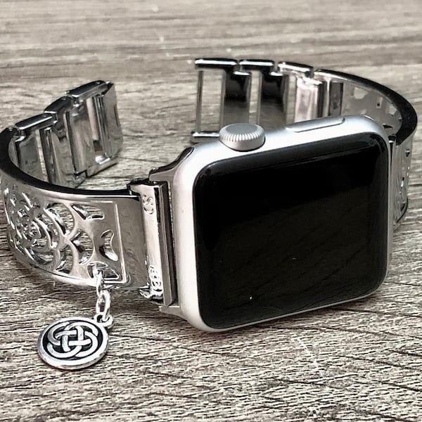 Silver Apple Watch Charm Band/ 38mm 40mm 41mm 42mm 44mm 45mm/ Engraved Flowers Metal iWatch Bracelet, Celtic Knots Charm Band Bangle