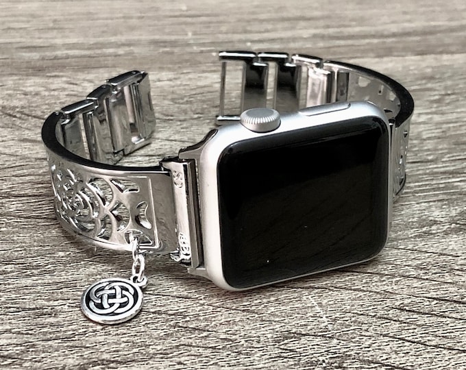 Silver Apple Watch Charm Band/ 38mm 40mm 41mm 42mm 44mm 45mm/ Engraved Flowers Metal iWatch Bracelet, Celtic Knots Charm Band Bangle