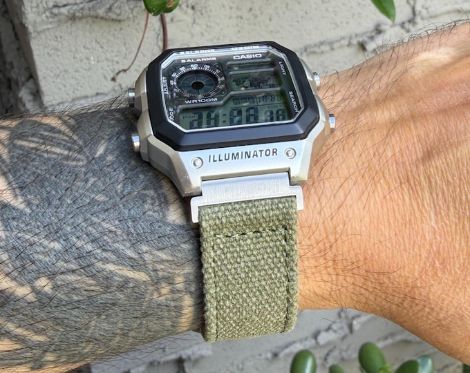Olive Canvas Watch Strap for Casio F-91W, A158W, Royale, 20mm Band, 18mm Adapters