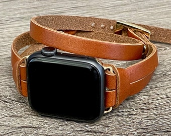 Leather Apple Watch Band: Light Brown Double Wrap iWatch Bracelet, Gold Accents Strap