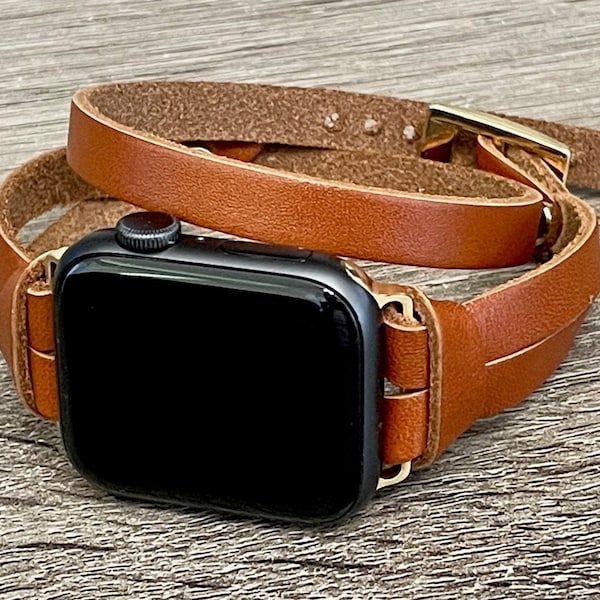 Lederarmband für Apple-Uhr: Hellbraunes, doppelt gewickeltes iWatch-Armband, Armband mit Akzenten in Gold