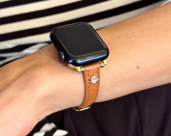Slim Leather Apple Watch Band 42mm 46mm 41mm 45mm Strap, Gold Women Bracelet