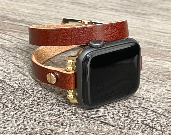 Slim Apple Watch Band, Double Wrap Leather Bracelet, 38mm 40mm 41mm 42mm 44mm 45mm, Women iWatch Strap, Series 7, 6, 5, 4, Jewelry