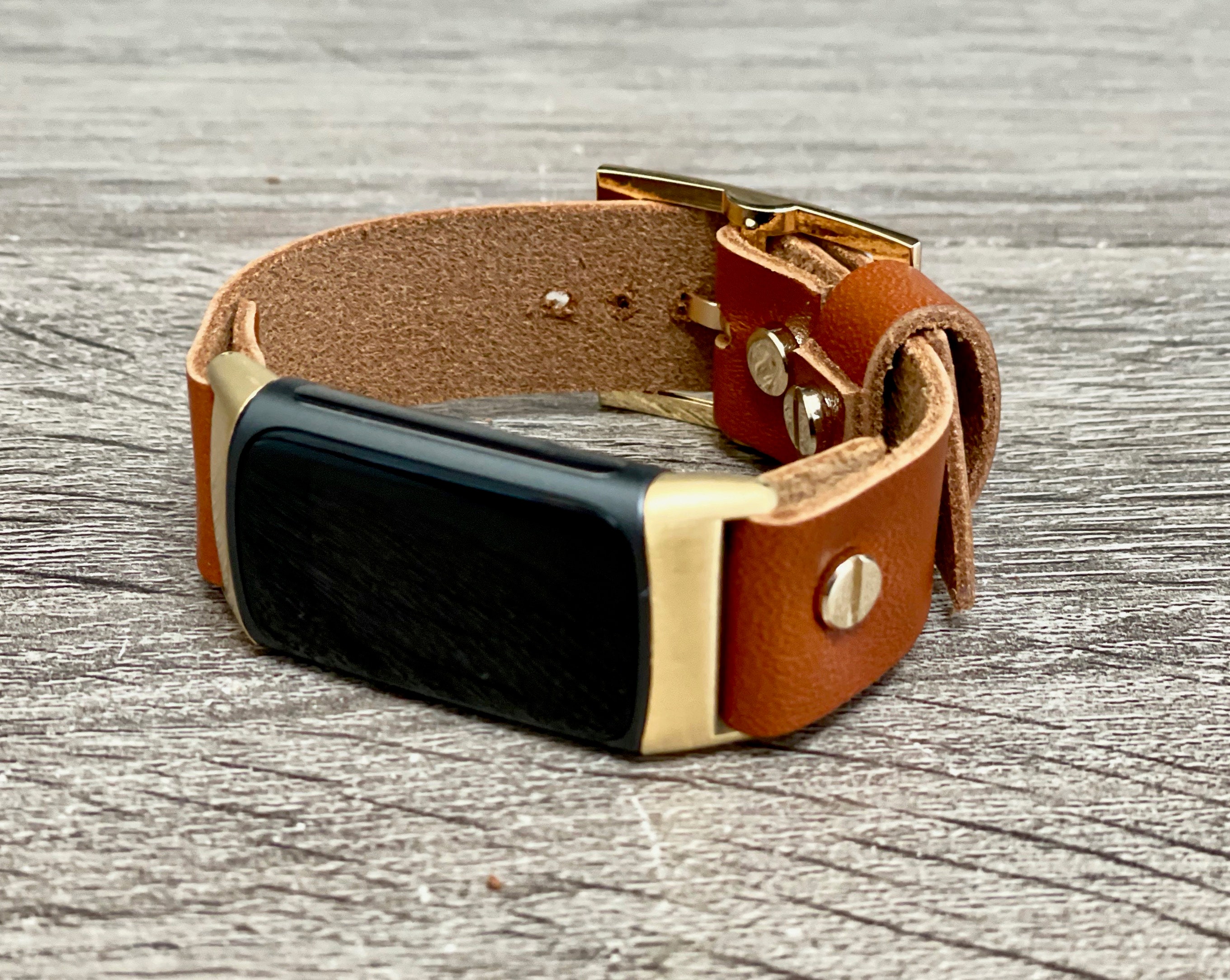 Fitbit Charge 5 Band, Brown Leather Fitbit Charge 5 Bracelet, Gold