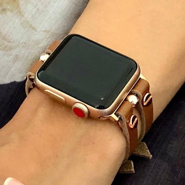 Genuine Leather Apple Watch Band Brown Leather & Rose Gold Apple Watch Strap, Women iWatch Band, Apple Watch Bracelet, Apple Watch Armband