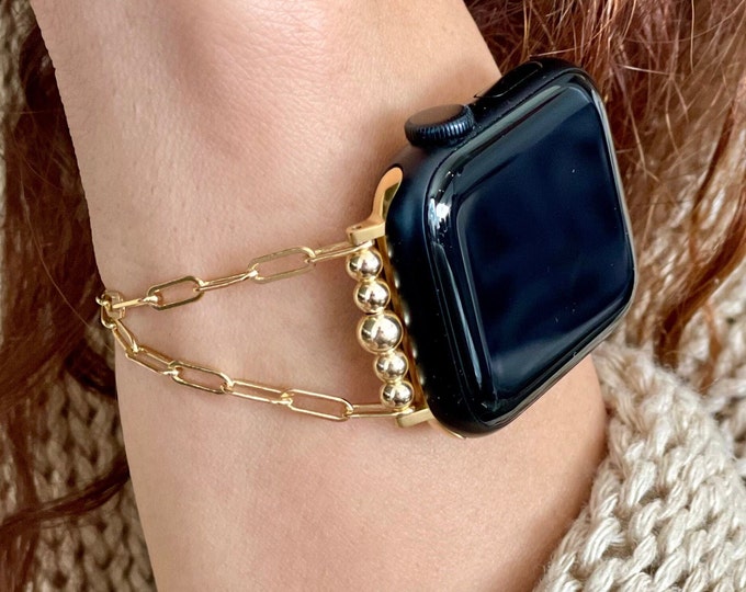 Gold Paperclip Apple Watch Band Women Jewelry Strap, 38mm 40mm 41mm 44mm 45mm 42mm 49mm Ultra, 14K Gold Filled Chain Bracelet
