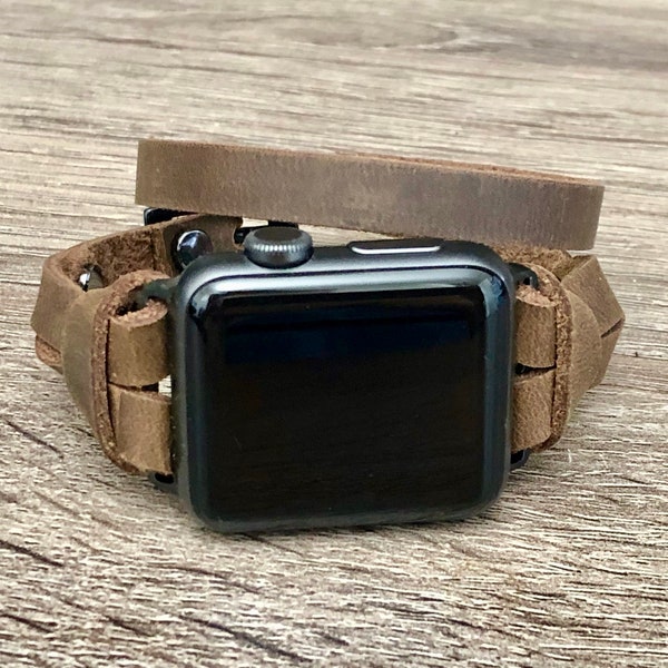Slim Rustic Brown Leather Apple Watch Band: Double Wrap iWatch Strap
