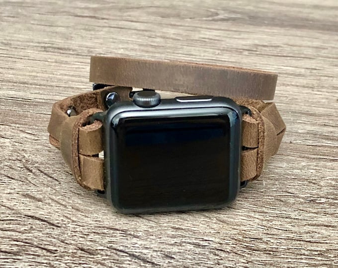 Slim Rustic Brown Leather Apple Watch Band: Double Wrap iWatch Strap
