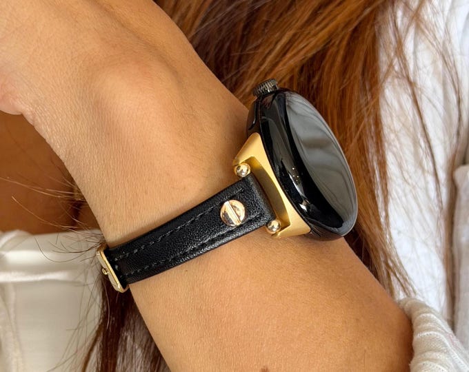 Slim Black Leather Google Pixel Watch Band Strap Gold Accents Bracelet
