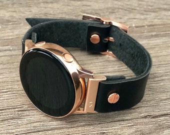 Black Leather Rose Gold Samsung Galaxy Active Band, Rose Gold Galaxy Watch Active2 Bracelet 40mm 44mm, Rose Gold Watch Band Cuff Wristband
