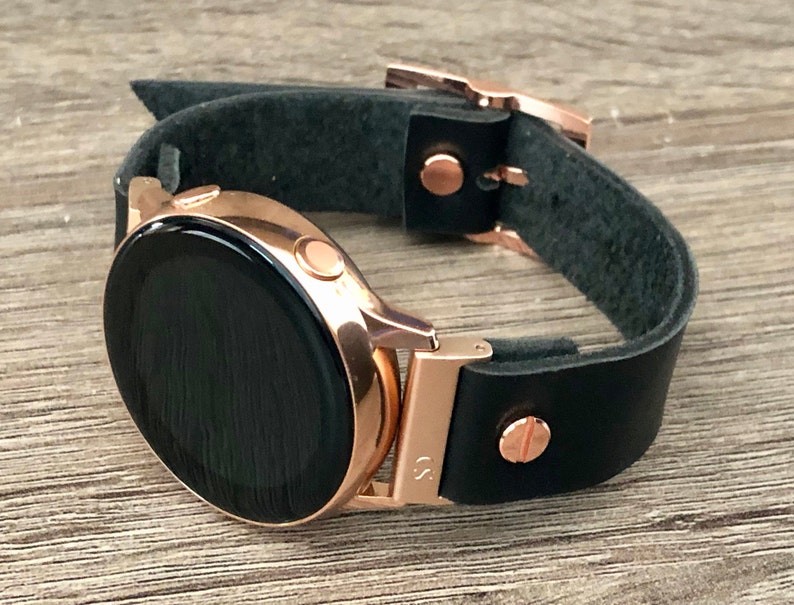 Black Leather Rose Gold Samsung Galaxy Active Band, Rose Gold Galaxy Watch Active2 Bracelet 40mm 44mm, Rose Gold Watch Band Watch Wristband image 2