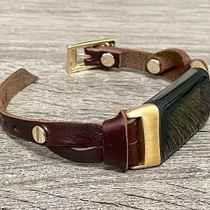 Fitbit Charge 6 Band, Gold Smart Watch Strap, Dark Brown Italian Leather Smartwatch Bracelet, Slim Fitbit Charge 5 Straps