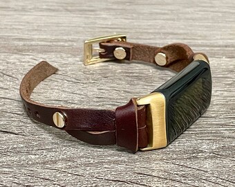 Correa para Fitbit Charge 6: correa de piel italiana marrón oscuro, detalles dorados