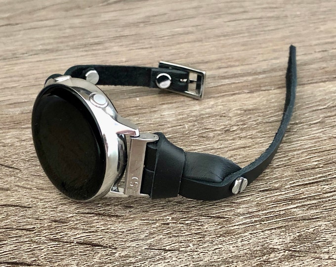 Samsung Galaxy Watch Active 2 40mm, Leather Bracelet Black & Silver Galaxy Watch Active 2 44mm, Band Leather Bracelet Leather 20mm Wristband