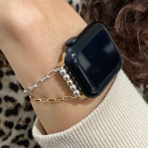Elegante cinturino per Apple Watch da donna Bracciale a catena in metalli misti in argento sterling e oro, cinturino per Apple Watch bicolore immagine 1