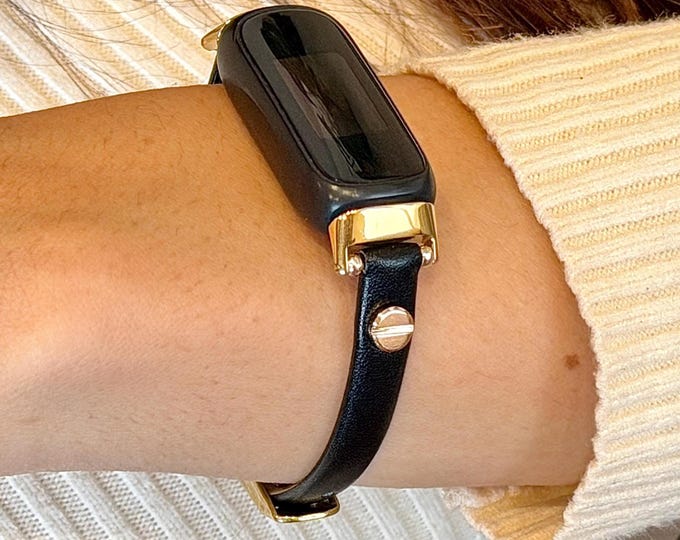 Slim Black Leather Fitbit Inspire 3 Band Women Strap, Minimalist Bracelet