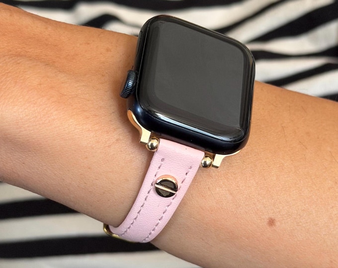 Slim Pink Leather Apple Watch Band 42mm 46mm Women Strap Adjustable Bracelet