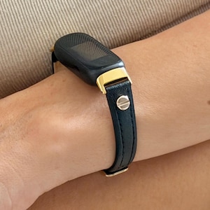 Slim Black Leather Fitbit Inspire 3 Band Gold Bracelet Strap for Women