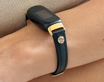 Slim Black Leather Fitbit Inspire 3 Band Gold Bracelet Strap for Women