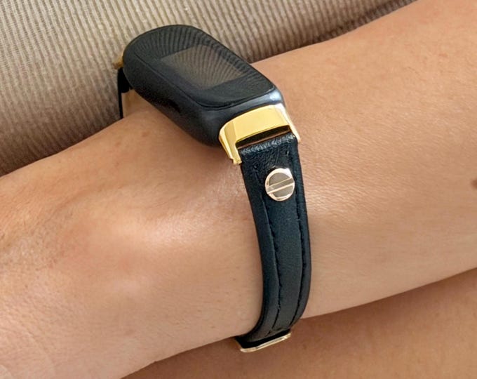 Slim Black Leather Fitbit Inspire 3 Band Gold Bracelet Strap for Women