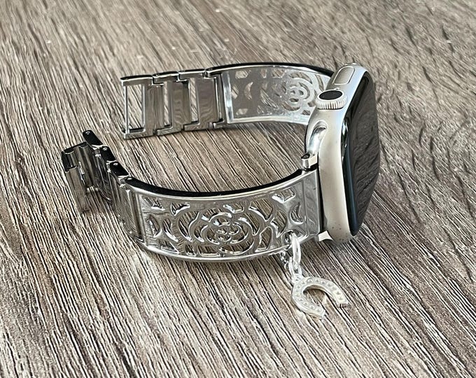 Silver Apple Watch Bracelet Band for Women, Adjustable Metal Link Strap, Horseshoe Charm Option
