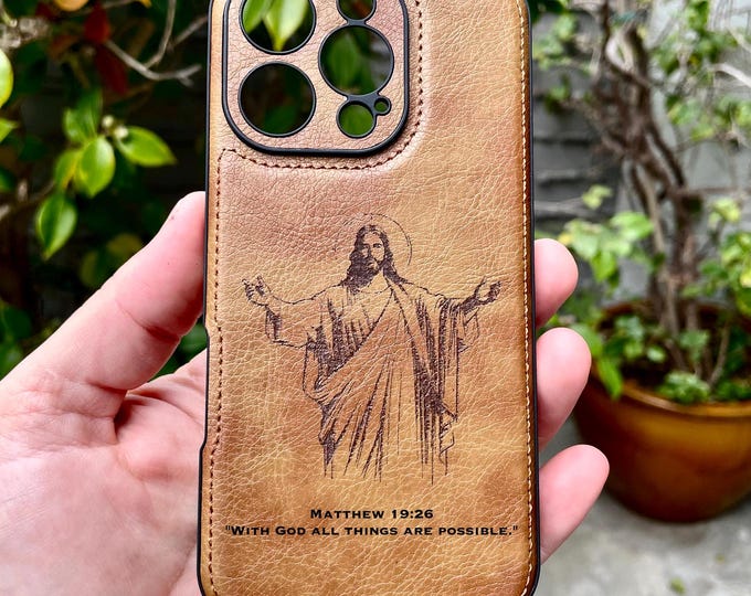 Leather Phone Case for iPhone 16 Pro Max 15 14 Plus 13, 12, Jesus Christ Protective Christian Phone Cover with Option to Engrave Bible Verse