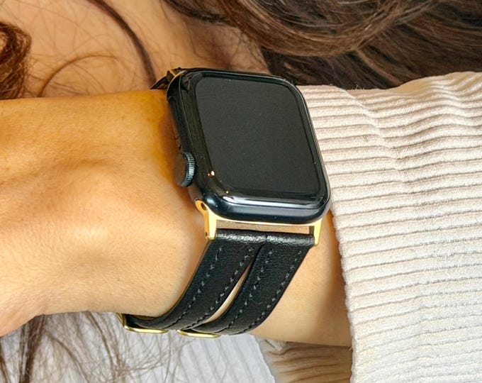 Black Leather Apple Watch Band Double Strap Bracelet 42mm 46mm Ultra 41mm 45mm 40mm