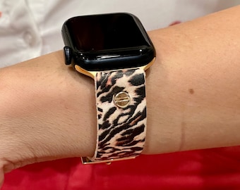 Leopard Print cuero Apple Watch mujeres iWatch correa pulsera 38mm 40mm 41mm 42mm 44mm 45mm Ultra 2, detalles dorados Apple Watch brazalete brazalete