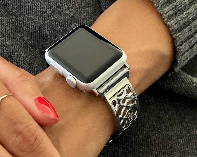 Apple Watch Bangle Bracelet Band - Shiny Silver Metal Strap, Secure Clasp (38mm-49mm Ultra)