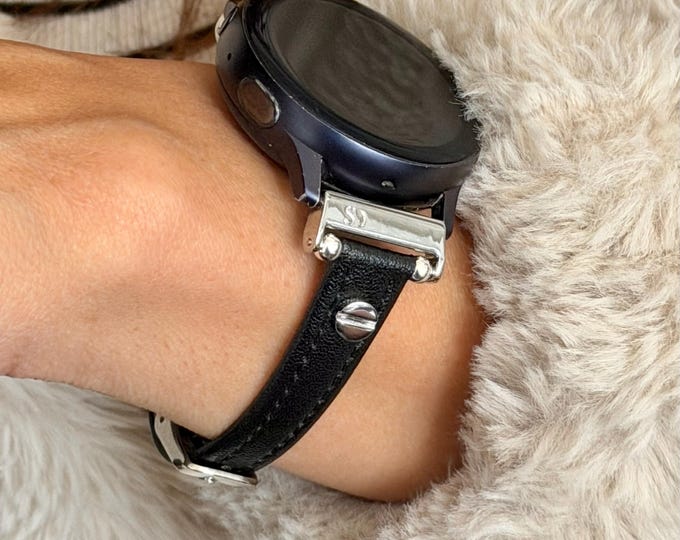 Galaxy Watch Ultra & 7 Leather Band – Slim Black Adjustable Bracelet Strap, 20mm Pins