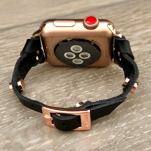 APPLE WATCH BAND Skinny Black Leather Strap Bracelet, 38mm 40mm 41mm 42mm 44mm 45mm, Women Style iWatch Strap Bands, Slim Leather Watch Wrap image 8