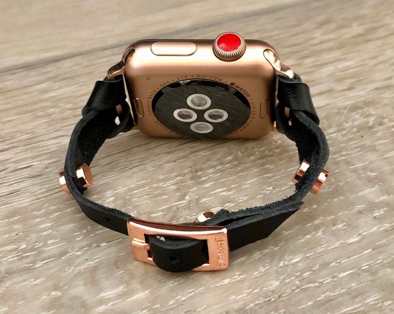 APPLE WATCH BAND Skinny Black Leather Strap Bracelet, 38mm 40mm 41mm 42mm 44mm 45mm, Women Style iWatch Strap Bands, Slim Leather Watch Wrap image 8