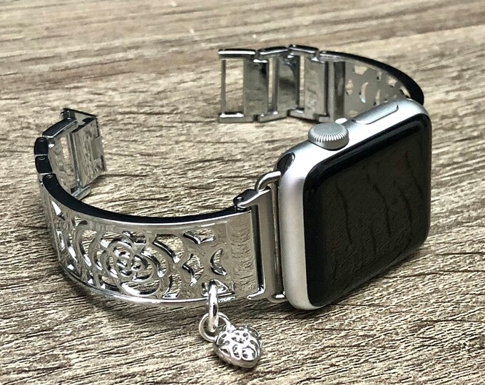Silver Apple Watch Band 38mm 40mm 42mm 44mm Women iWatch Bracelet Adjustable Apple Watch Bangle Floral iWatch Band Jewelry Heart Medallion