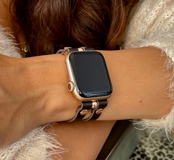 Dark Brown Leather Apple Watch Band: Double Strap With Rose Gold