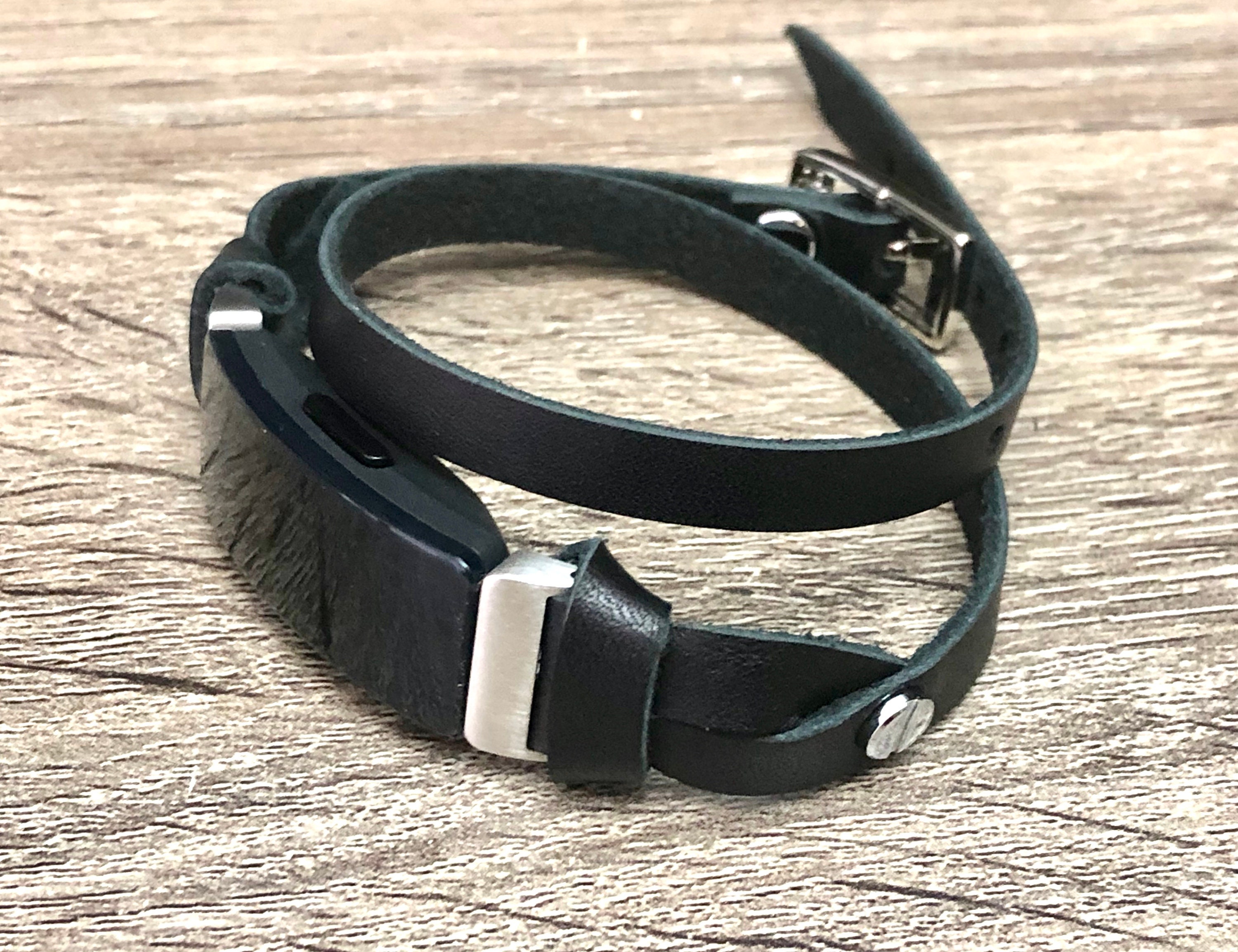 Women Fitbit Inspire HR Band Silver & Black Slim Genuine Leather Double