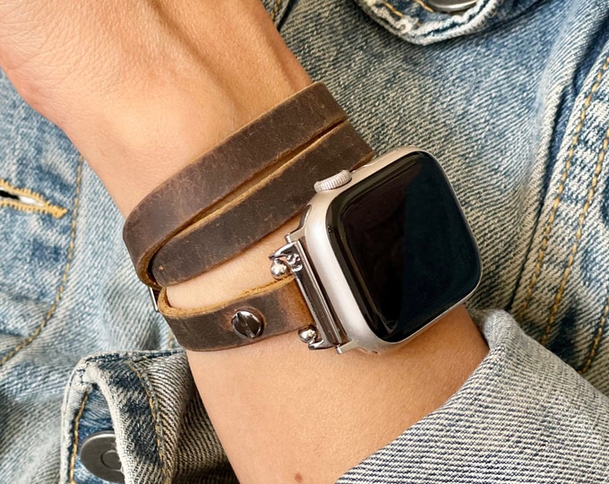 Rustic Brown Leather Apple Watch Band with Silver Accents - iWatch Strap Bracelet - Handmade Multi Wrap - BoHo Style - Smartwatch Accessory