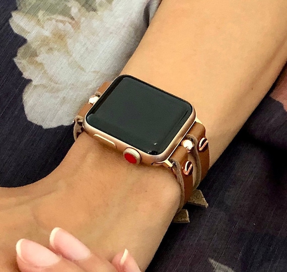 Apple Watch Band Brown Leather Stars Pattern Strap Women Gold Watch Bracelet  38mm 40mm 41mm 42mm 44mm 45mm 49mm Ultra