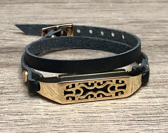 Elegant Women Fitbit Flex 2 Band Strap Black Leather & Gold Fitbit Flex 2 Bracelet Jewelry Luxury Adjustable Fitbit Flex 2 Wristband Strap