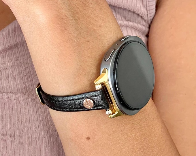 Black Leather Galaxy Watch 9 Band, Gold Accent Strap, Women Slim Style