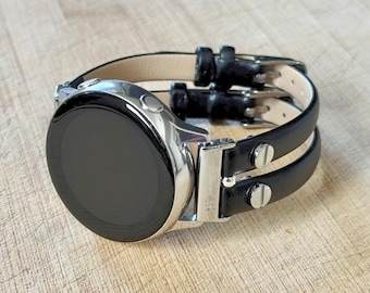 Black Leather Galaxy Watch 7 Band Ultra, Silver Accents Strap Bracelet