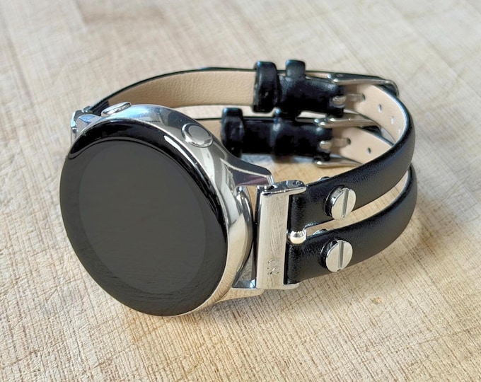 Black Leather Galaxy Watch 7 Band Ultra, Silver Accents Strap Bracelet