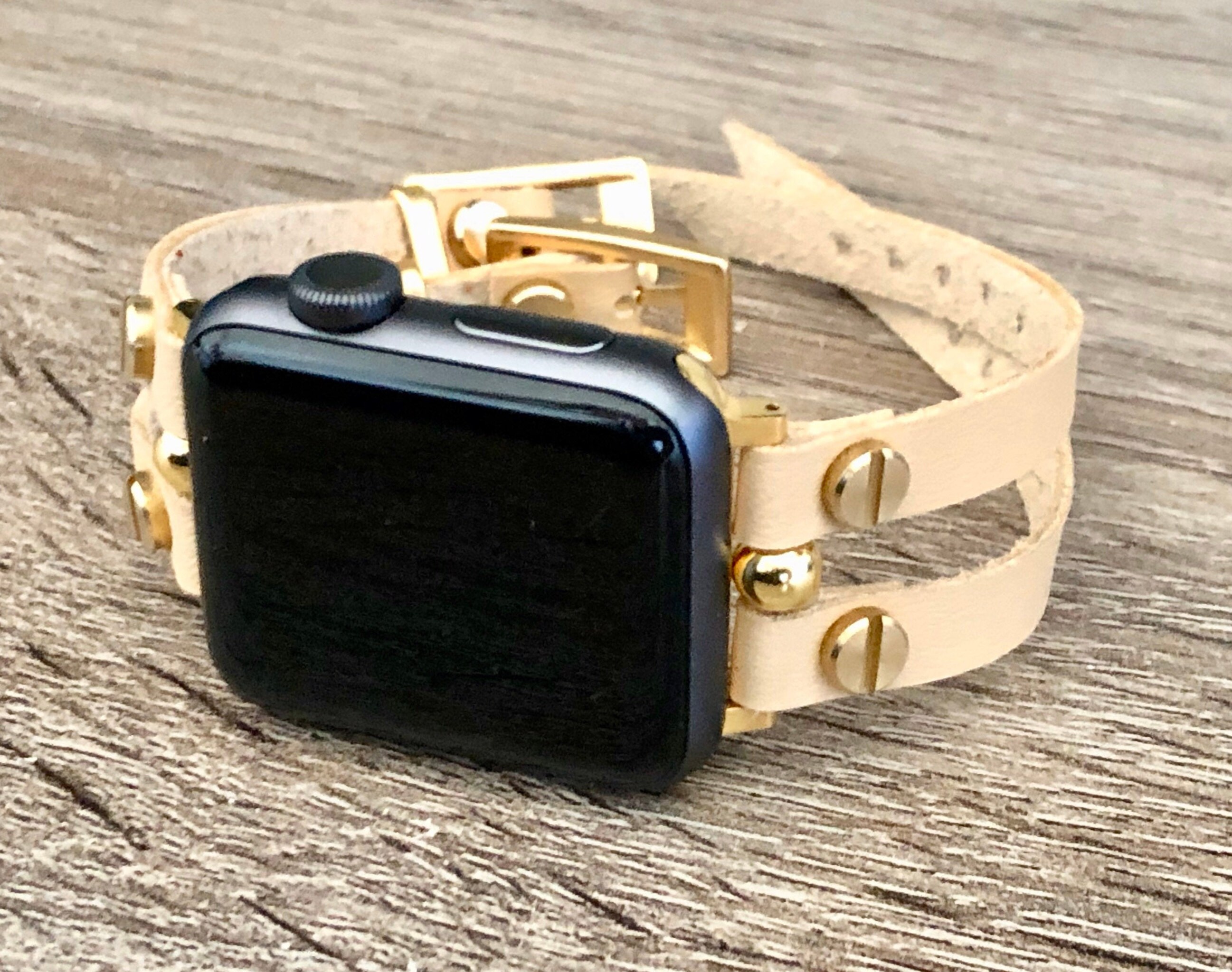 Vegan Leather Apple Watch Bracelet Cream Color & Gold Apple Watch Band