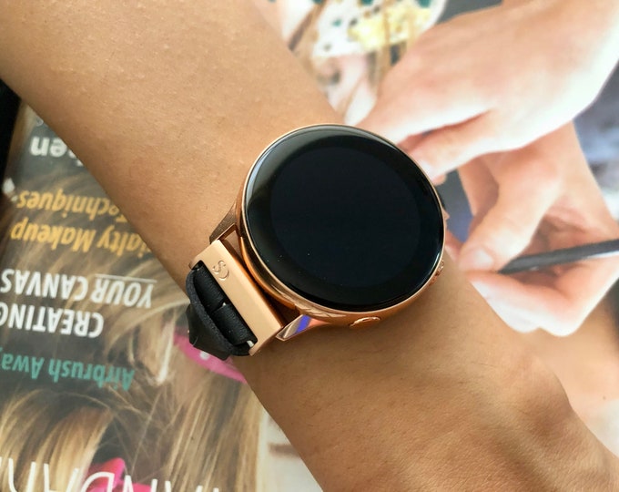 Slim Black Leather Galaxy Watch Band with Rose Gold Accents