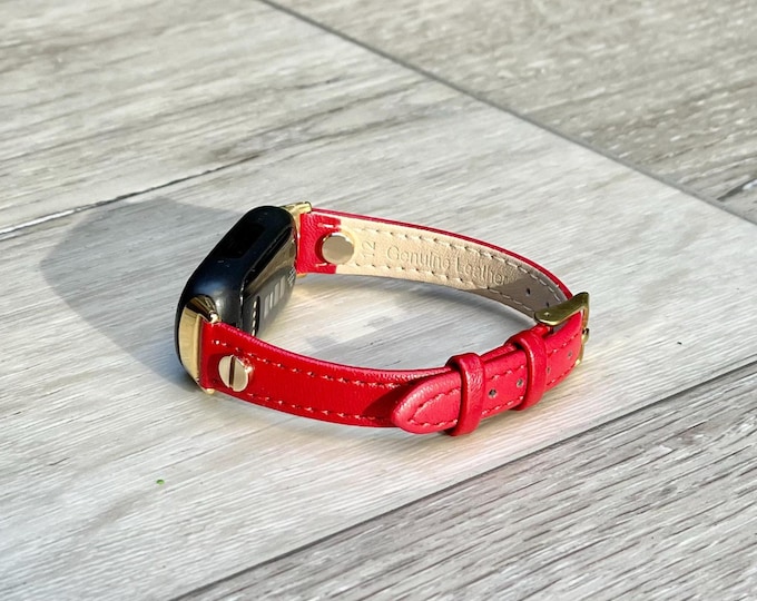 Red Fitbit Inspire 3 Band: Slim Leather Strap, Adjustable Bracelet, Gold Accent