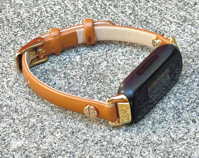 Light Brown Leather Fitbit Luxe Band, Slim Strap with Gold Accents, Adjustable 5" - 7.5"