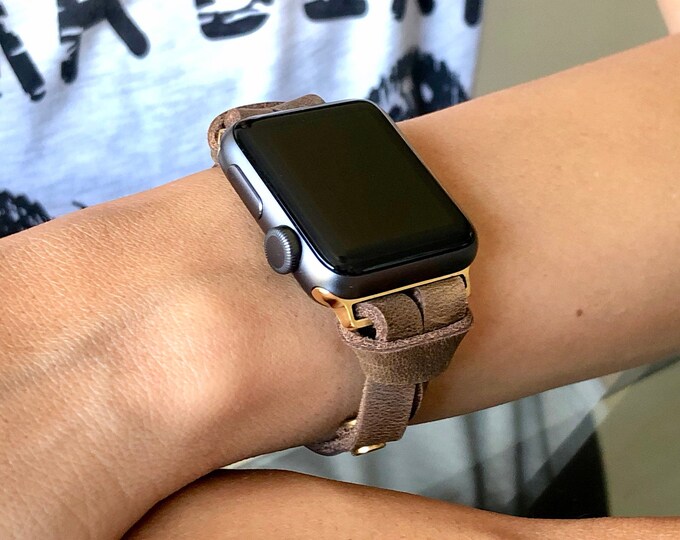 Rustic Brown Leather Apple Watch Band 38mm 40mm 41mm 42mm 44mm Women iWatch Bracelet Strap Vintage Leather & Gold Apple Watch Slim Wristband