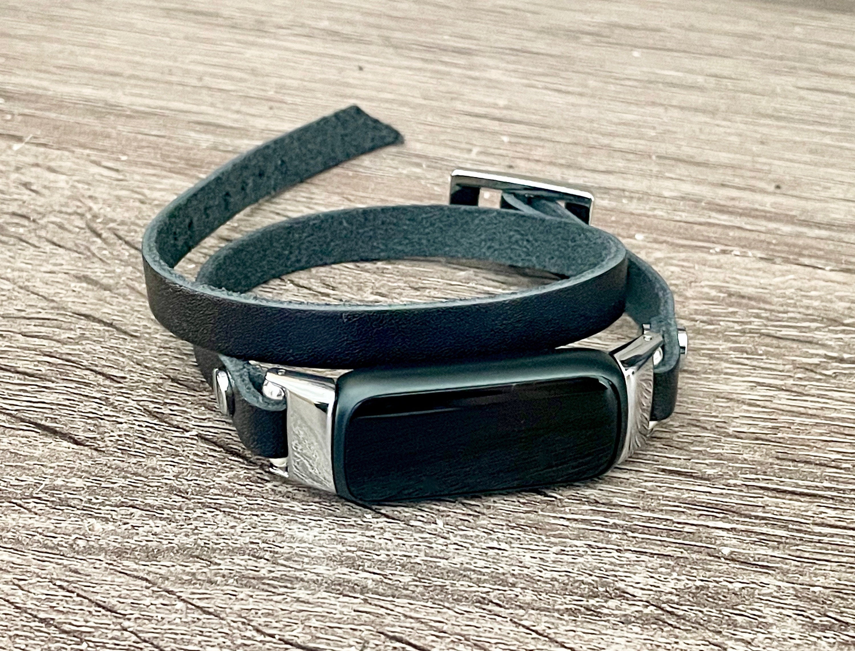Slim Leather Fitbit Luxe Band, Black Leather & Silver Fitbit Luxe ...