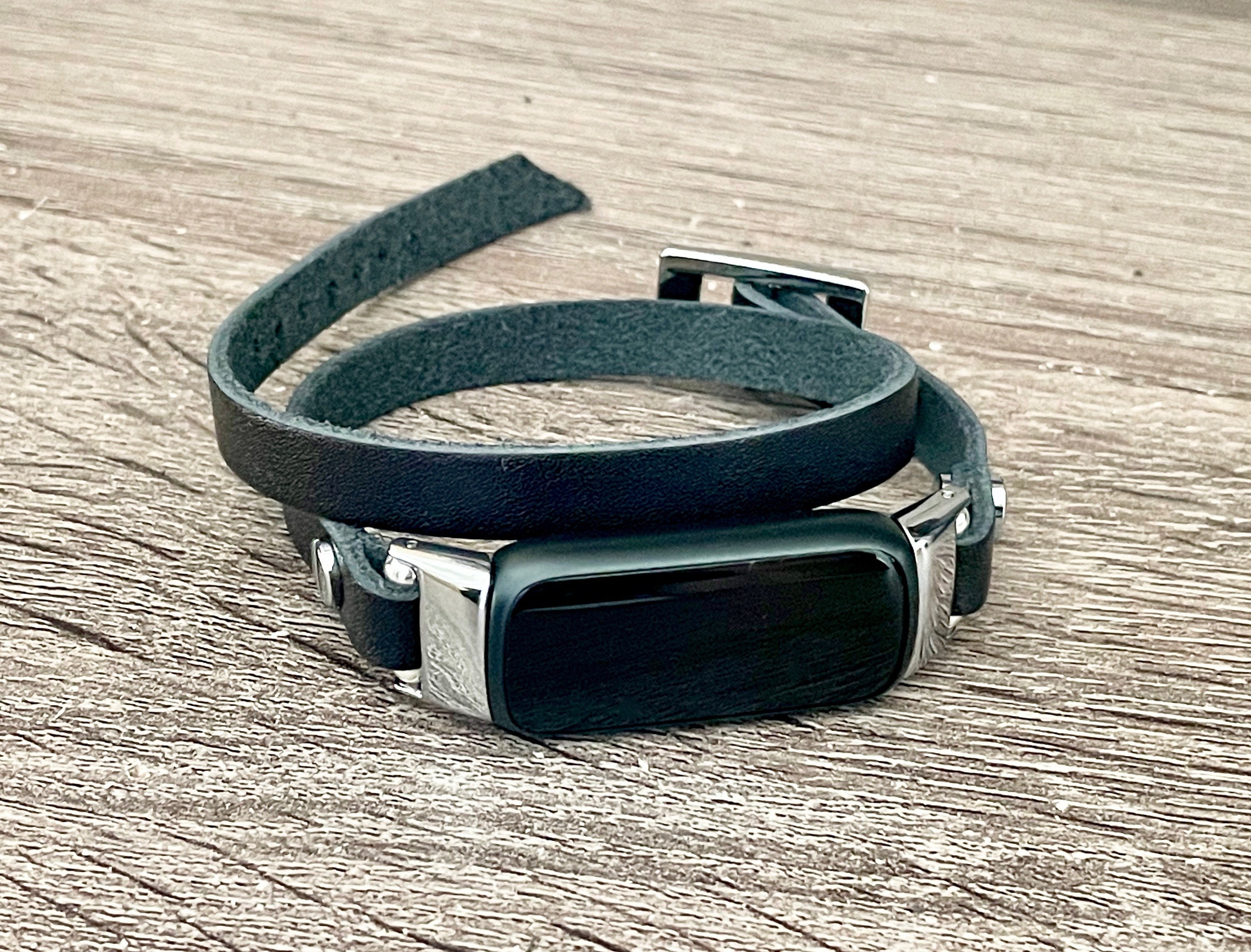 Slim Leather Fitbit Luxe Band, Black Leather & Silver Fitbit Luxe