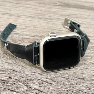 Black Leather Apple Watch Band 42mm 46mm 38mm 40mm 41mm 44mm 45mm Ultra, Slim Wrap Bracelet Silver Accents Women Strap Jewelry Gift for Her