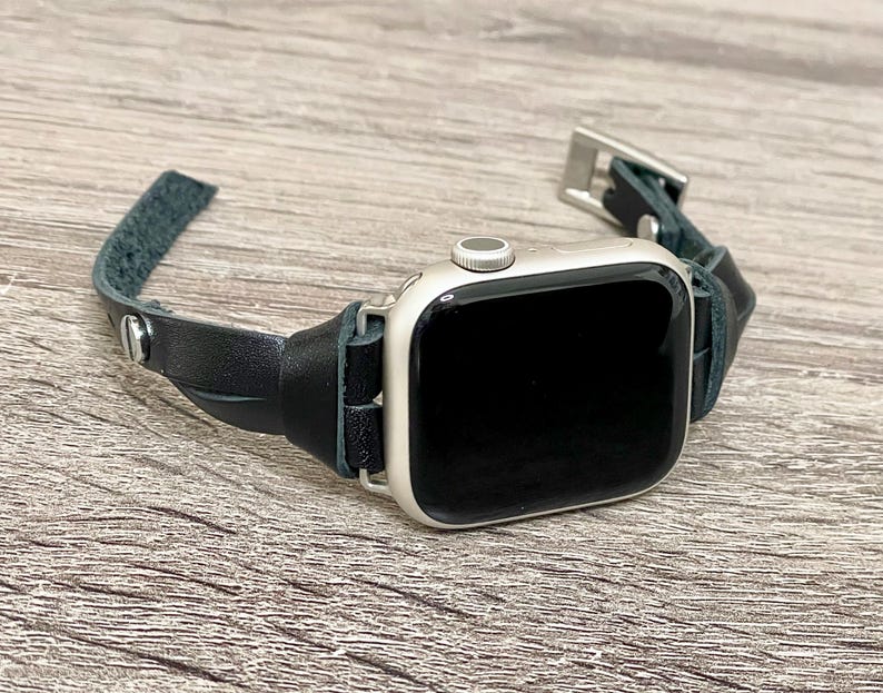 Black Leather Apple Watch Band 42mm 46mm 38mm 40mm 41mm 44mm 45mm Ultra, Slim Wrap Bracelet Silver Accents Women Strap Jewelry Gift for Her
